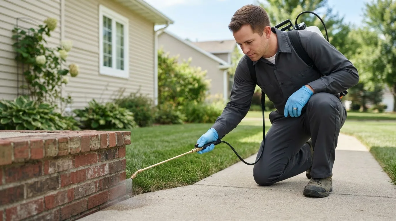 Pest control technician treating a home near Sugar Land, TX